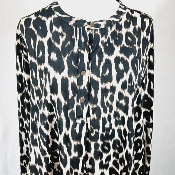 Calvin Klein XL Leopard Long Sleeve Top W/ Ruffled Sleeve Hem, 1/4 Button Front - Picture 5 of 16
